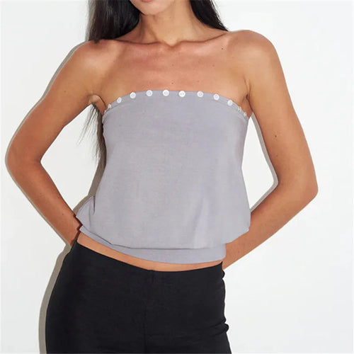hirigin Y2K Button Trim Strapless Tube Top Women Elastic Waist Hem Bandeau Sleeveless Off Shoulder Cropped Blouse Streetwear