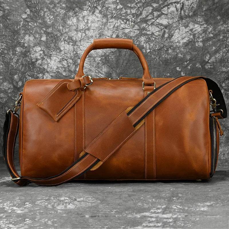 Vintage Leather Travel Duffle Bag With Shoe Pocket Weekend Bag - VacationGrabs