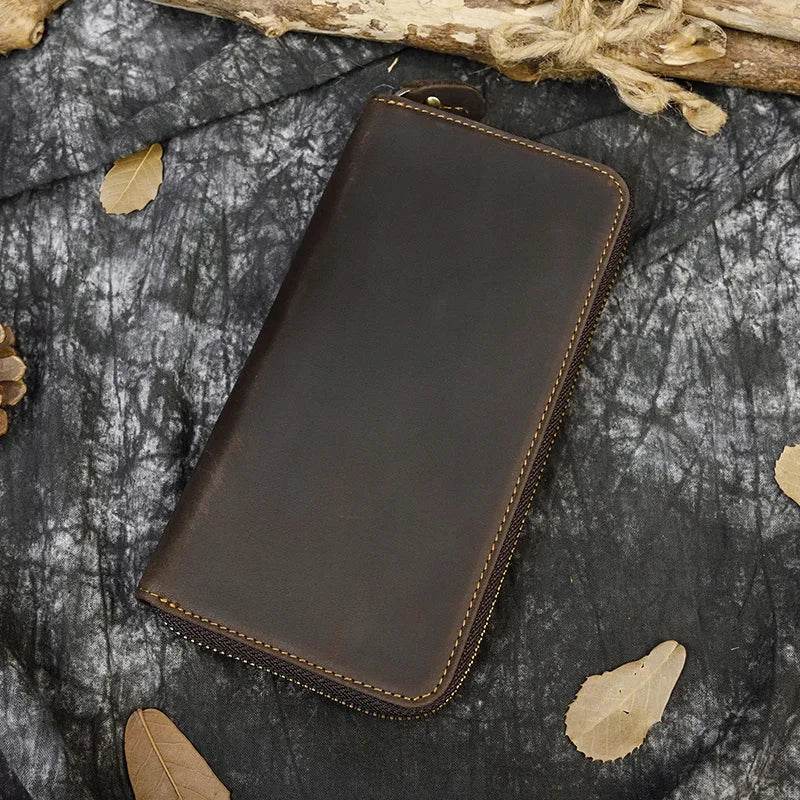 Vintage Leather Long Wallet for Men & Women with Single Zipper - VacationGrabs