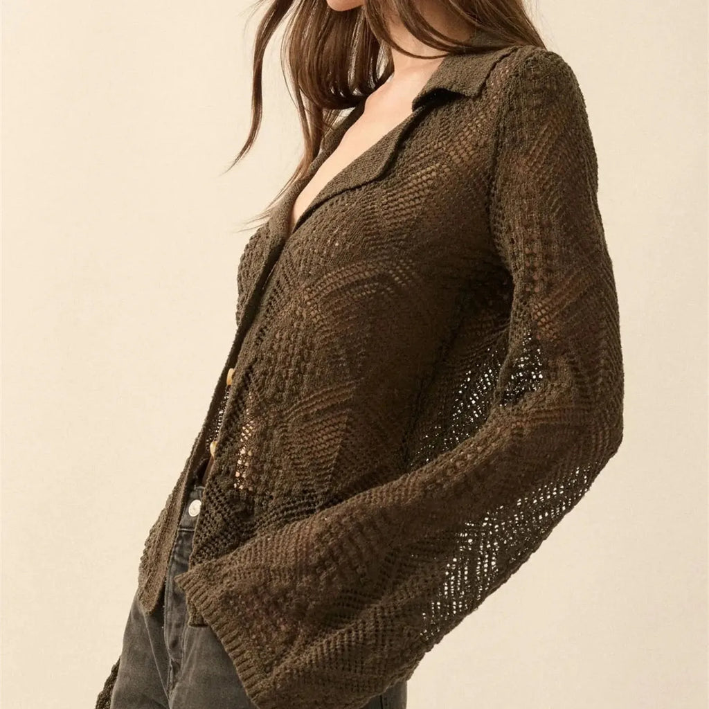 VacationGrabs Women Y2K Vintage Cardigan Knitted Hollow Out Sweater Tops Casual Fashion Top Casual Daily Wear Winter Fall Outerwear