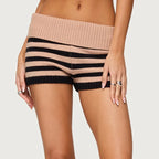 VacationGrabs Women Y2k Knit Mini Shorts Striped Foldover Low Waist Elastic Slim Fit Vintage Going Out Micro Bottom Streetwear