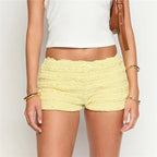 VacationGrabs Women Summer Y2K Lace Tiered Shorts Low Waist Bow Front Ruffle Hot Pants Casual Smocked Bodycon Mini Shorts