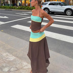 VacationGrabs Women Color Block Halter 2 Piece Set Lace‑Up Back Corset Top Asymmetrical Maxi Skirt Summer Party Beach Matching Outfit