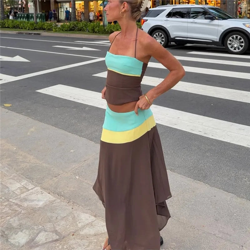 VacationGrabs Women Color Block Halter 2 Piece Set Lace‑Up Back Corset Top Asymmetrical Maxi Skirt Summer Party Beach Matching Outfit