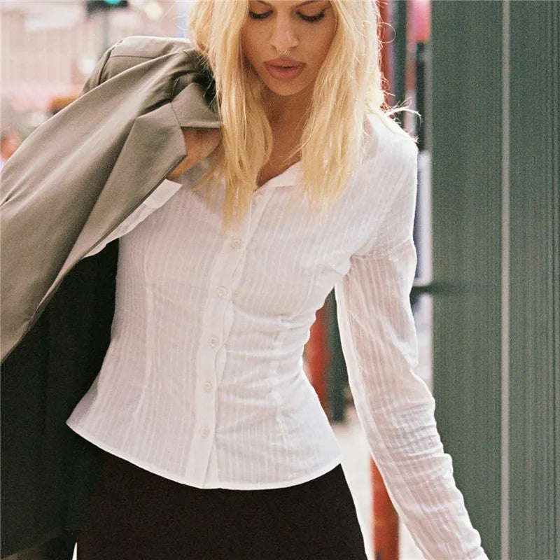 VacationGrabs Women Stripe Shirts Blouse Fashion Long Sleeve Laple Button Down Slim Fit Tops Office Ladies Streetwear for Casual Daily