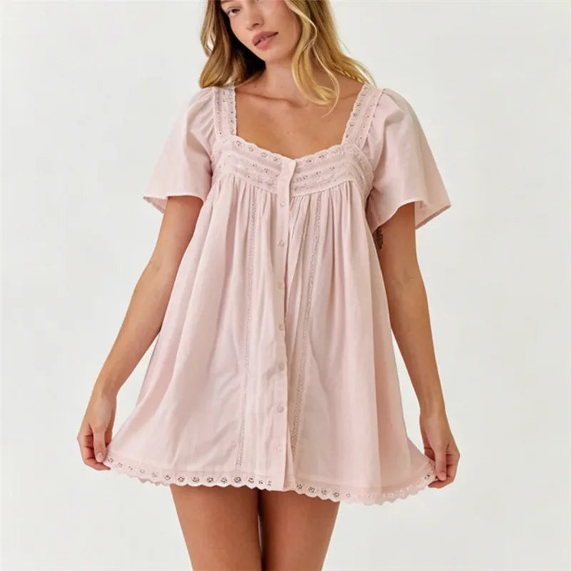 VacationGrabs Square Neck Eyelet Lace Mini Dress Women Flutter Short Sleeve Front Button Pleated Loose Babydoll Summer Vacation Dress