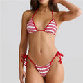 VacationGrabs Striped Triangle Bikini Set Halter Neck Tie Top Side Tie Thong Bottoms Backless Swimwear for Women Beachwear Bathing Sui