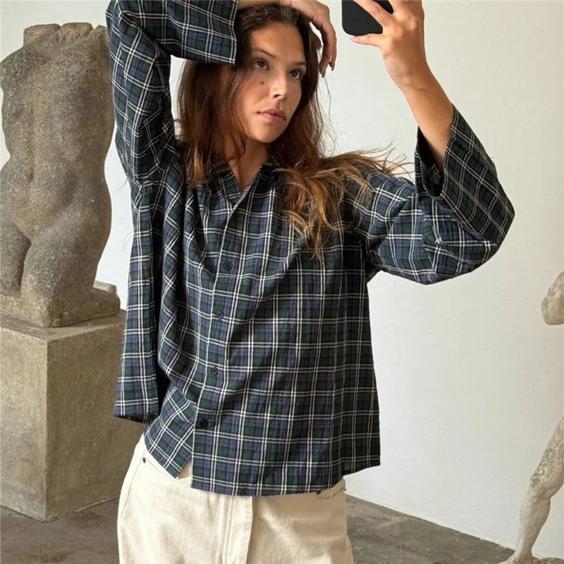 VacationGrabs Y2K Vintage Long Sleeve Blouse Stripes Collared Shirts Striped Button Down Shirt Women Oversized Trendy Fall Y2K Clothes