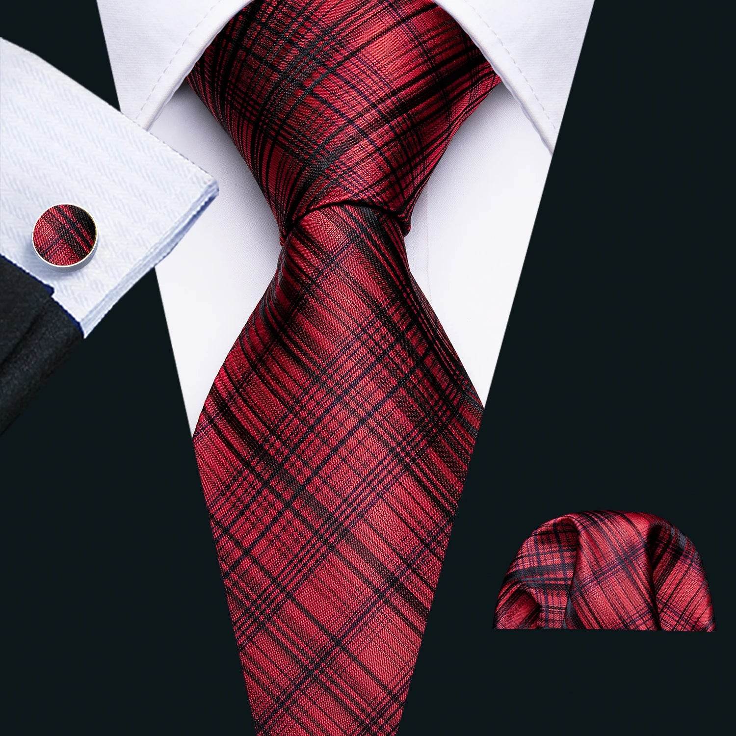 Red Plaid Silk Tie Set for Men - VacationGrabs