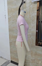 VacationGrabs Ladies Surplice Wrap V‑Neck Short Cap Sleeve T‑Shirt Side Tie Knot Fitted Cropped Top Solid Color Casual Daily Blouse