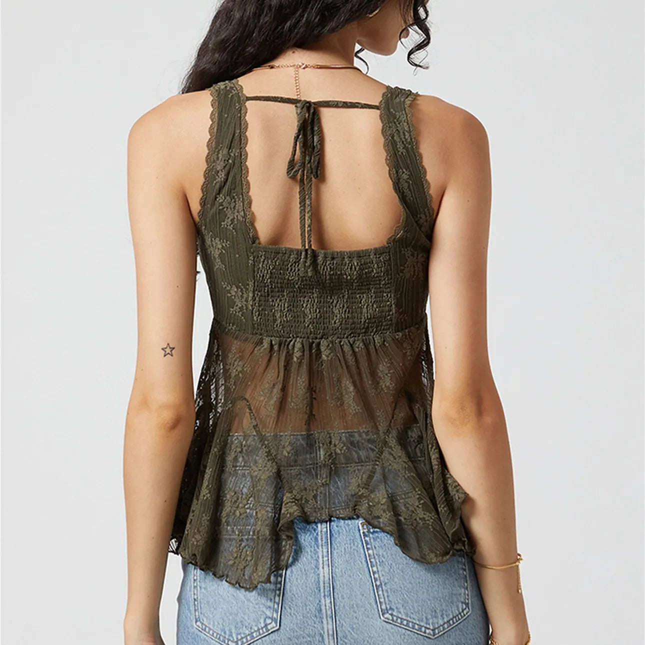 VacationGrabs Women Sexy Semi Sheer Lace Top Cute Ruffle Hem Backless Deep V Neck Peplum Tank Top Summer Beach Holiday Camisole