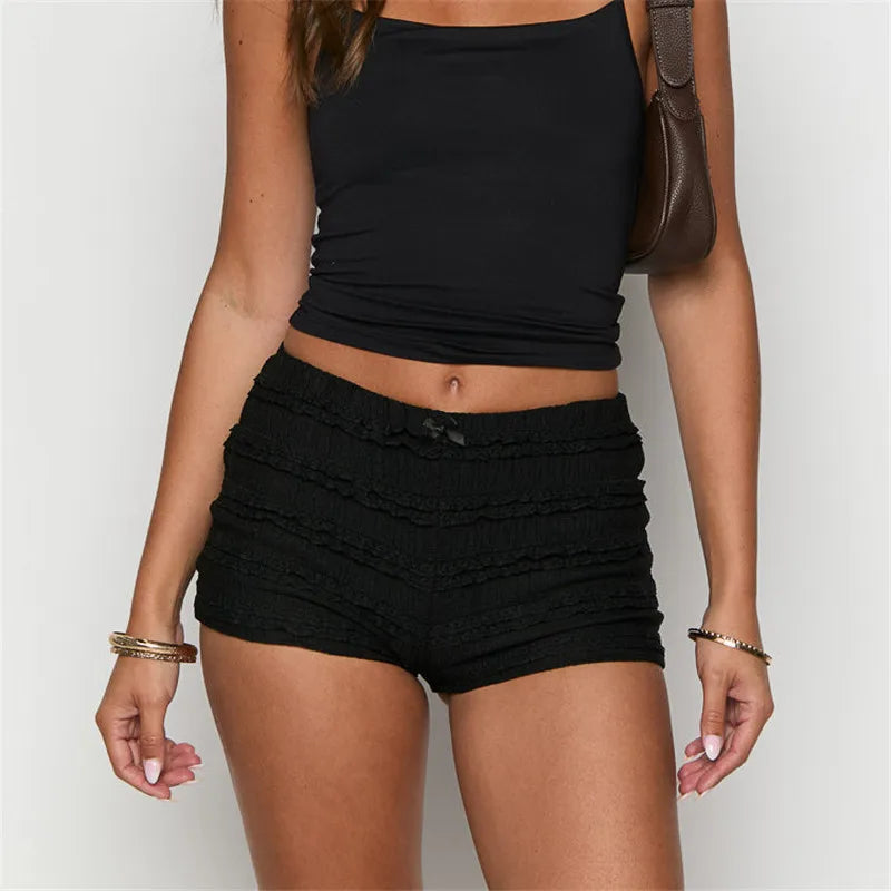 VacationGrabs Women Summer Y2K Lace Tiered Shorts Low Waist Bow Front Ruffle Hot Pants Casual Smocked Bodycon Mini Shorts