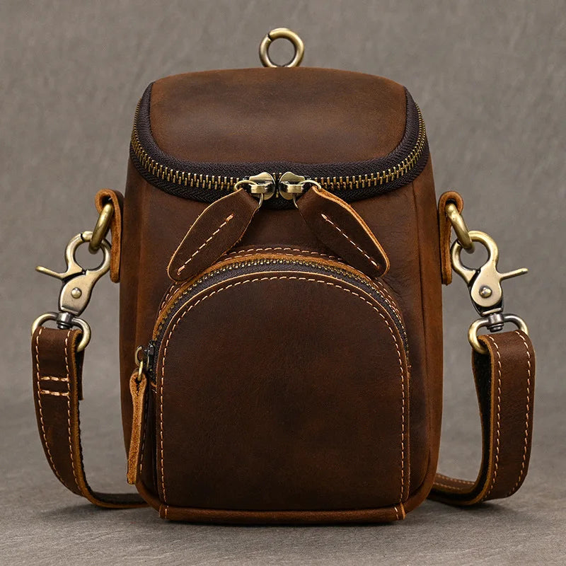Crazy horse multi functional belt men's cowhide first layer Retro leather messenger small shoulder cowhide fanny pack