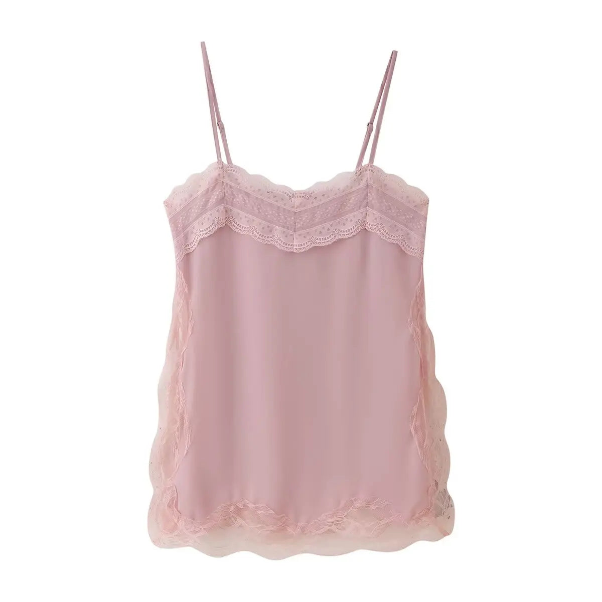 VacationGrabs Women Lace Trim Satin High Low Tops Silk Spaghetti Strap Side Split Asymmetrical Cami Top Flowy Silky Layering Tops