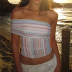 VacationGrabs Women Multicolor Striped Off-Shoulder Slim Fit Crop Top Summer Wrap Style Neckline Bandeau Backless Shirts Streetwear