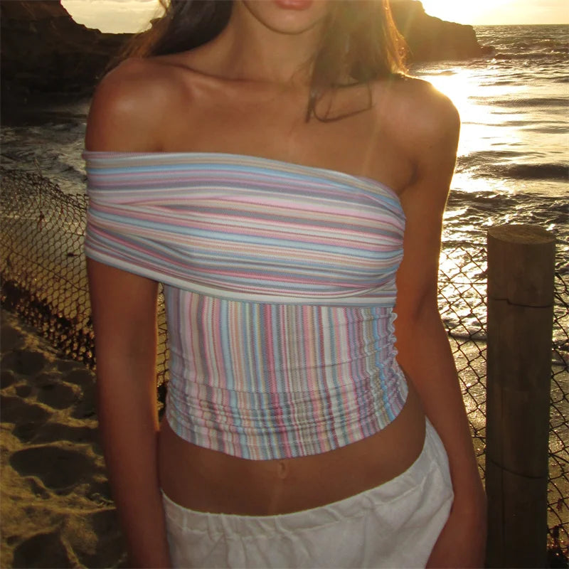 VacationGrabs Women Multicolor Striped Off-Shoulder Slim Fit Crop Top Summer Wrap Style Neckline Bandeau Backless Shirts Streetwear