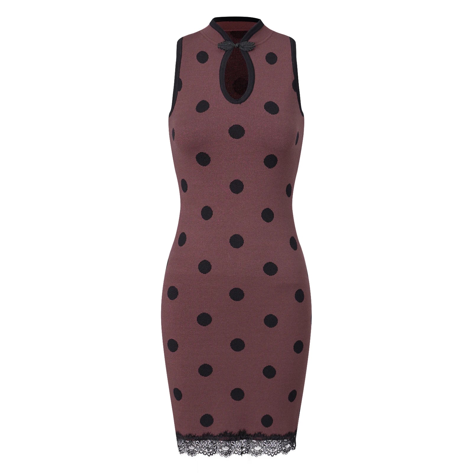 VacationGrabs Knit Polka Dot Bodycon Mini Dress Women Sleeveless Halter Qipao Collar Keyhole Cutout Lace Hem Slim Short Pencil Dress