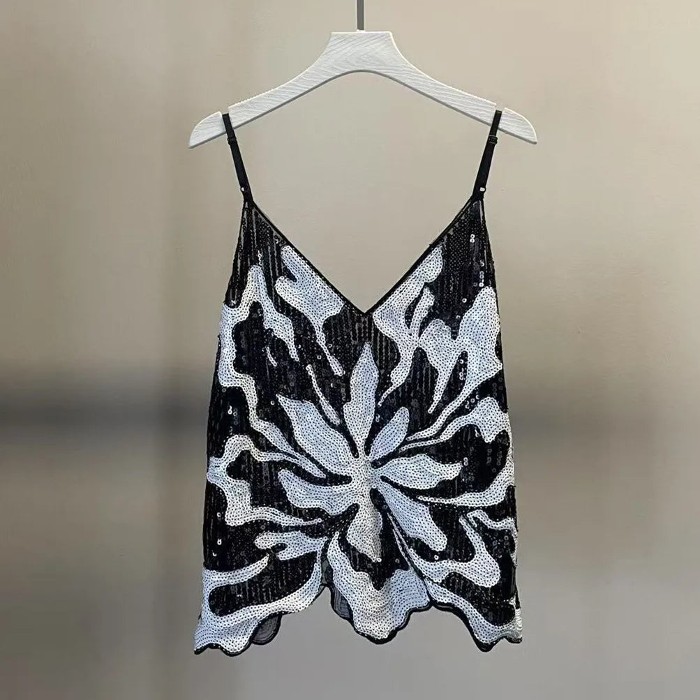 VacationGrabs Women Sexy Bead Mesh Cami Tops Women Silver Sequined Tanks Vest Summer Femme Bling Shiny Tanks Tops Party Clubwear