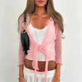 Y2K Coquette Sheer Knit Tie Front Cover Up for Women Ruffled Trim Long Sleeve Cropped Cardigan See Through Summer Streetwear
