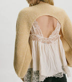 VacationGrabs Women's Cropped Knit Shrug Sweater Open Back Round Neck Long Lantern Sleeve Loose Short Knit Top Streetwear Pullover
