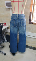 VacationGrabs Women Water Washed Denim Pants Low Rise Retro Gradient Loose Straight Leg Jeans with Pockets Vintage Streetwear