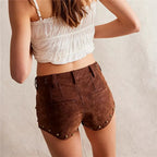 VacationGrabs Y2K Vintage Rivet Faux Suede Micro Shorts Women Low Waist Slim Skinny Hot Pants Retro Streetwear Club Night Mini Shorts