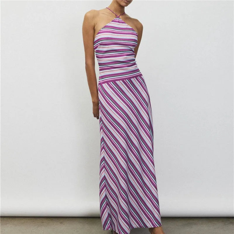 Striped halter neck maxi dress, perfect for vacation wear