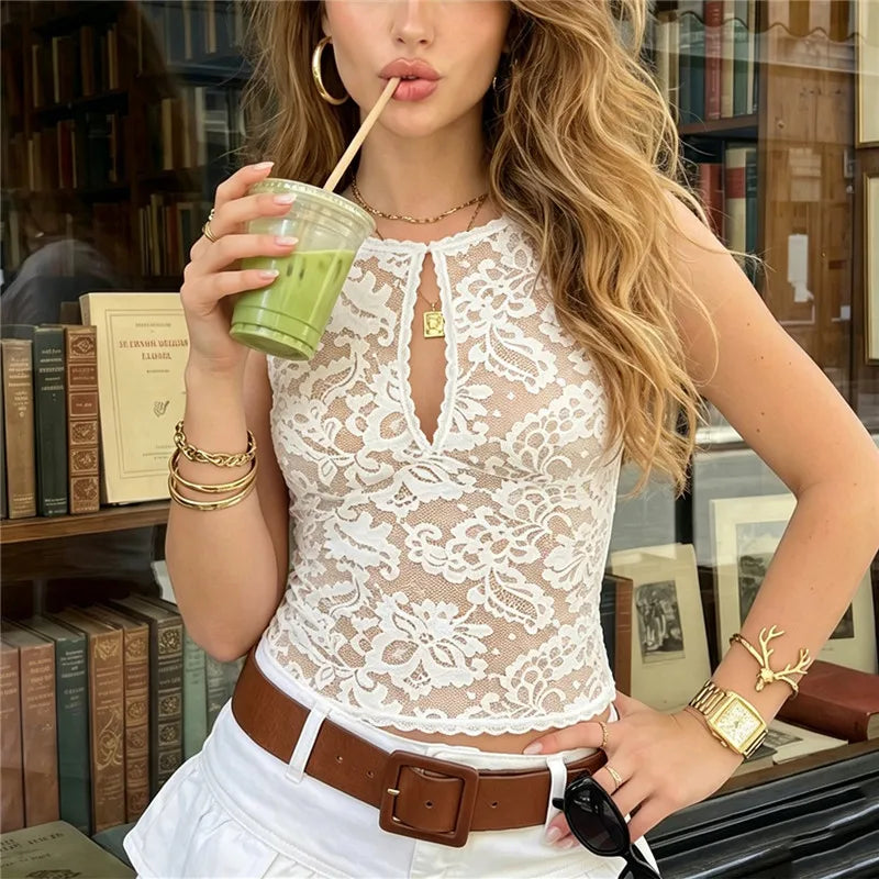 VacationGrabs Summer Beach Sheer Lace Sleeveless Top Scallop Edge Neck Keyhole Cutout Slim Short Cover Up Vacation Casual Tank