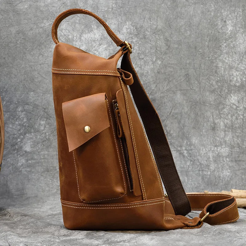 Retro Big Leather Chest Bag For Sports Hiking Biking Crossbody Bags Crazy horse leather men male chest packs Single shoulder bag