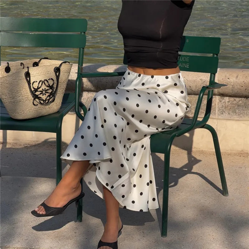 VacationGrabs French Vintage Polka Dot Satin Skirt High Waist Silky Midi Skirt Elegant Retro Print For Women Summer Y2K Streetwear
