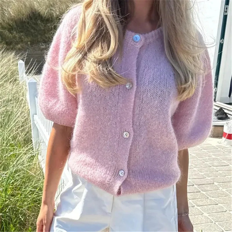 VacationGrabs Y2k Cardigan Sweaters for Women Short Sleeve Button Down Knit Cardigans Casual Sweater Pullover Autumn Winter Tops