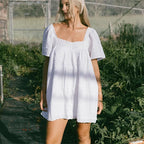 VacationGrabs Square Neck Eyelet Lace Mini Dress Women Flutter Short Sleeve Front Button Pleated Loose Babydoll Summer Vacation Dress