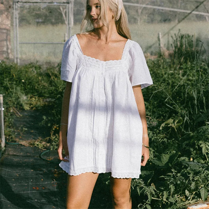 VacationGrabs Square Neck Eyelet Lace Mini Dress Women Flutter Short Sleeve Front Button Pleated Loose Babydoll Summer Vacation Dress
