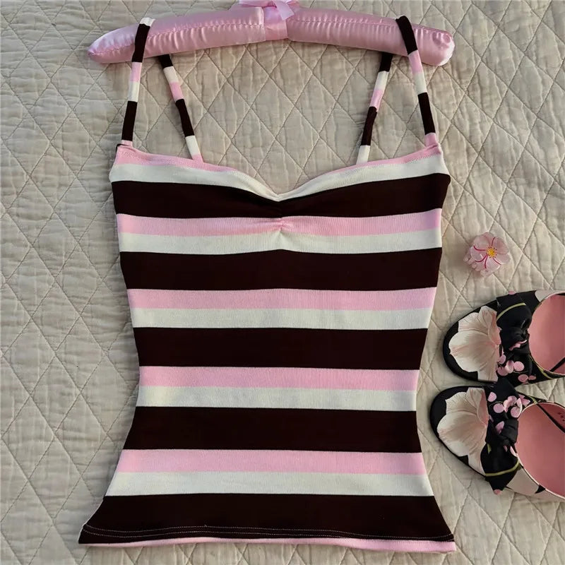 VacationGrabs Cute Stripe Camisole Top Summer Women Sweetheart Neck Spaghetti Strap Slim Low Back Crop Top Y2K Aesthetic Streetwear