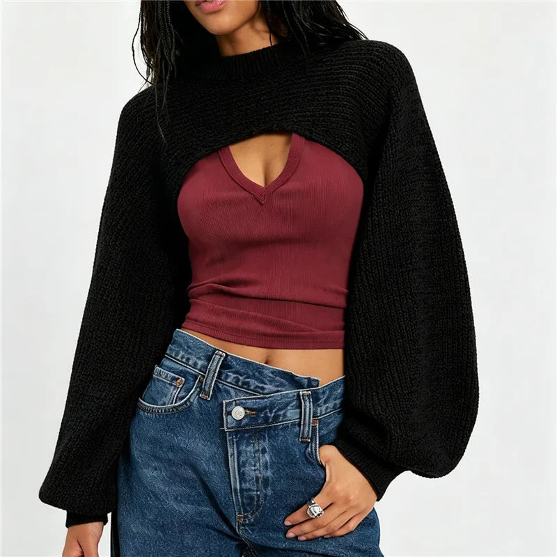 VacationGrabs Women's Cropped Knit Shrug Sweater Open Back Round Neck Long Lantern Sleeve Loose Short Knit Top Streetwear Pullover