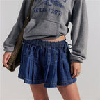 VacationGrabs Women Y2K Retro Pleated Denim Shorts High Waist Elastic Waist Wide Leg Casual Shorts with Drawstring Pockets Streetwear