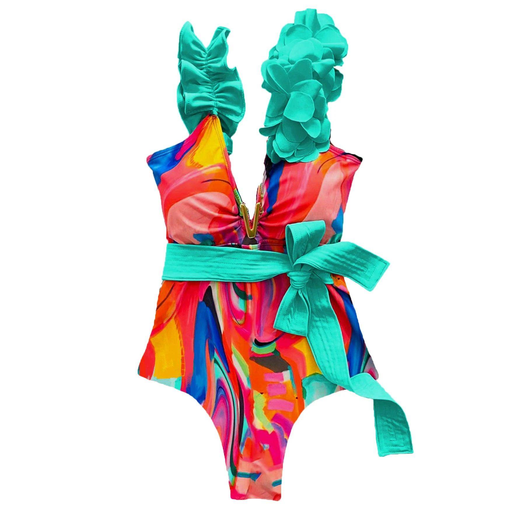 Ruffle Print Floral One Piece Slimming Swimwear - VacationGrabs