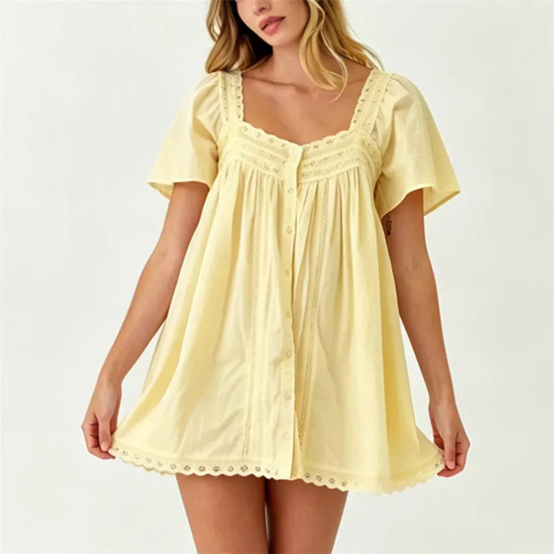 VacationGrabs Square Neck Eyelet Lace Mini Dress Women Flutter Short Sleeve Front Button Pleated Loose Babydoll Summer Vacation Dress
