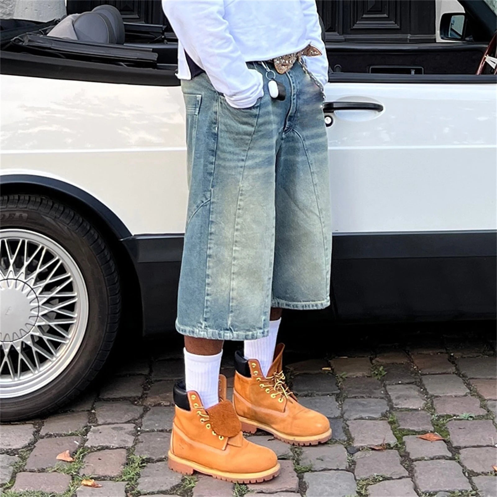 Men Baggy Denim Shorts Retro Wide Leg Carpenter Mid Jeans Zipper Hip Hop Jorts with Pockets Casual Streetwear