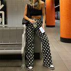 VacationGrabs Vintage American Polka Dot High Waisted Wide Leg Jeans for Women Retro Straight Leg Denim Pants Casual Streetwear