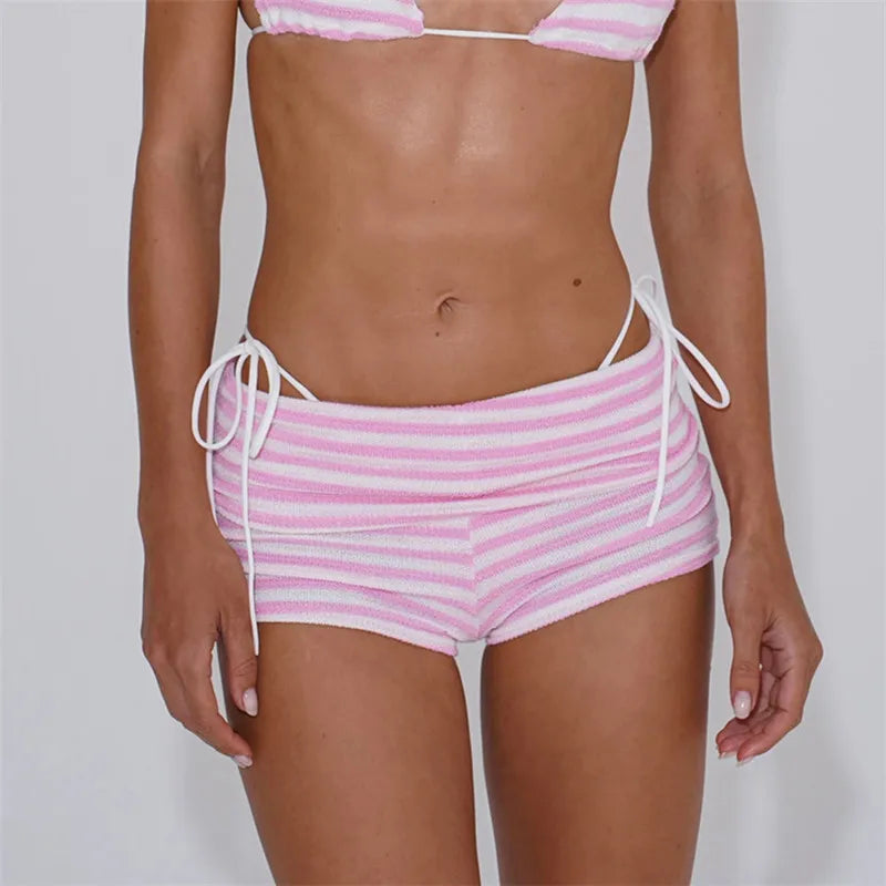 VacationGrabs Women's Summer Knit Striped Fold Over Swim Shorts Low Rise Boyshort Bikini Bottoms Soft Stretchy Beach for Vacation