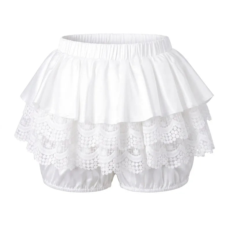 VacationGrabs Lolita Sweet Lace Layered Bloomers Women Elastic High Waist Ruffle Fake Two Piece Skort Lace Hem Casual Cute Short Pants