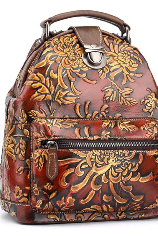  Women Embossed Brush Color Floral Pattern Travel Bag Retro Genuine Leather
