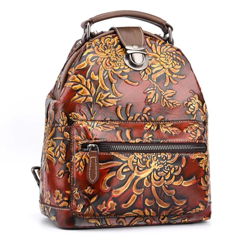 Luggage & Bags - Backpacks Floral Pattern Travel Bag Retro Genuine Leather