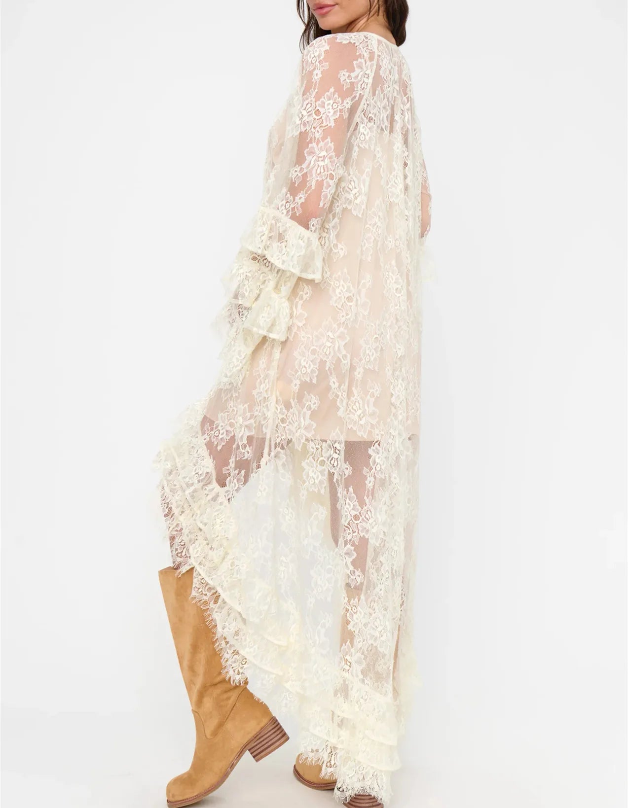 Women Boho Lace Maxi Dress Long Sleeve Ruffle Asymmetrical Hem Sheer Mesh Floral Lace Beach Wedding Guest Vacation Party Dress