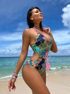 Floral Print Lace Up Front One Piece Swimsuit - VacationGrabs