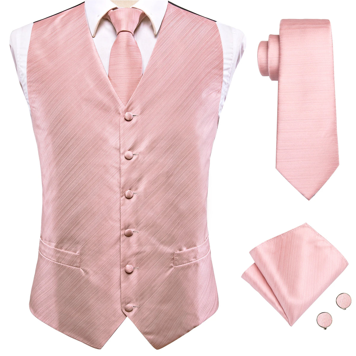Pink necktie set with matching vest, ideal for formal occasions