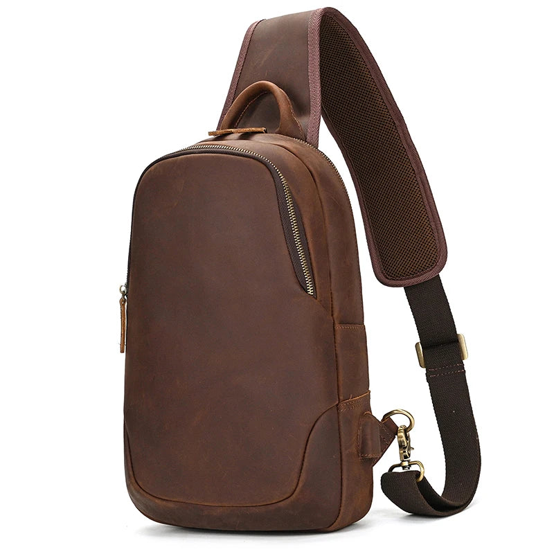 Leather Chest Bag Usb Charging Port  Men's Cross Body Bag Genuine Leather Chest Pack Single Shoulder Bag For Man Male Vintage