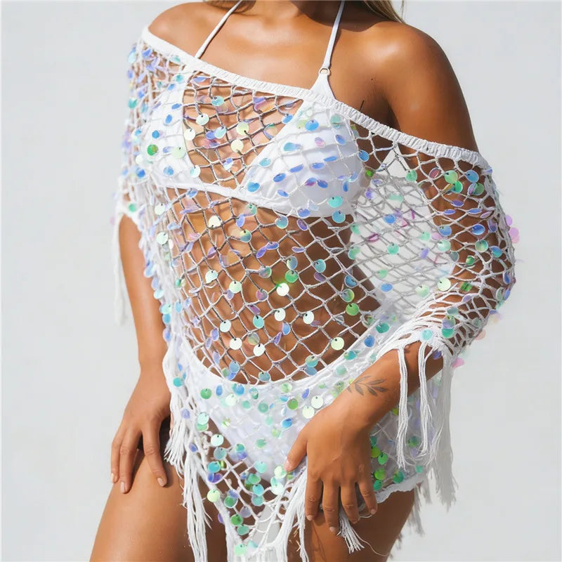 VacationGrabs Women's Tassel Knit Ponchos Fashion Sequin Off One Shoulder Loose Fit Crochet Shrug Shawl for Casual Beach Wear