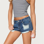 VacationGrabs Womens Low Waist Distressed Denim Shorts Frayed Raw Hem Ripped Jeans Shorts with Inner Layer Casual Streetwear Hot Pants